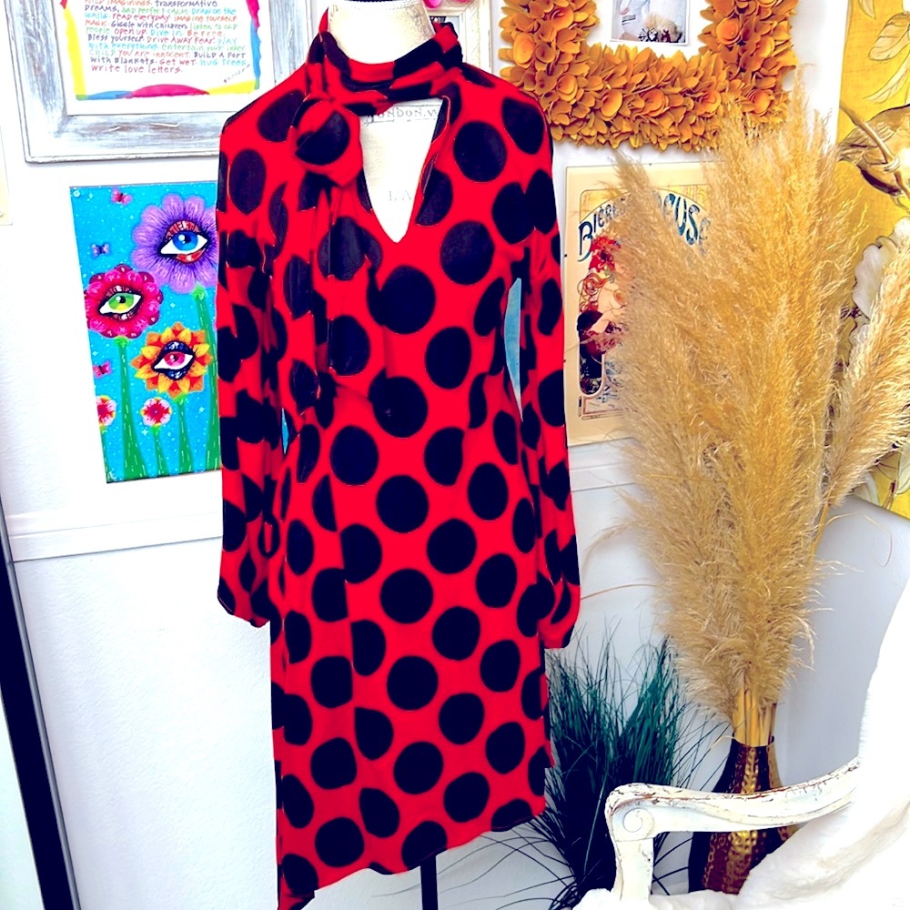 Zara Orange-red Black Chic Polka Dot Asymmetrical dress midi scarf S black label